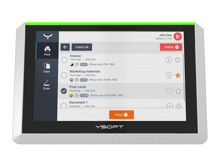 YSoft SAFEQ Terminal Pro 4 interface