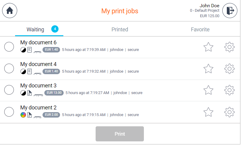 YSoft SAFEQ print screen shows available print jobs