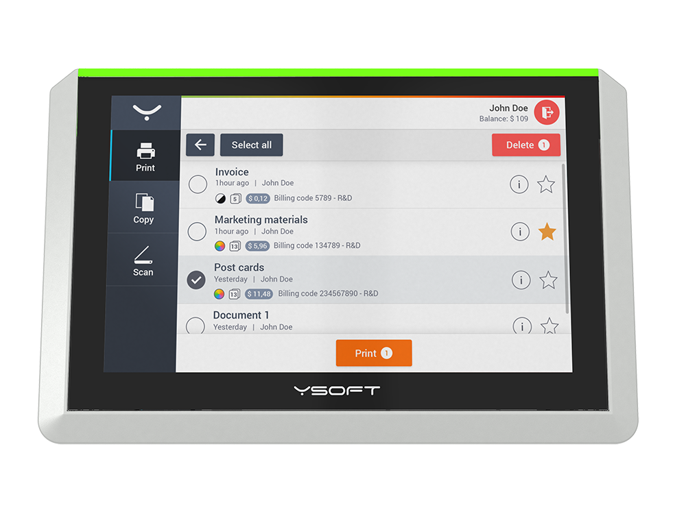 YSoft SAFEQ Terminal Pro 4 interface