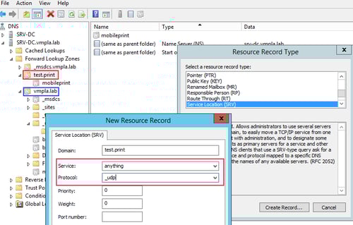DNS Manager Creating New Service Location (SRV) Resource Record