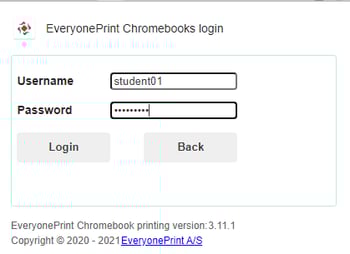 EveryonePrint Login Screen for Chromebook Printing Service