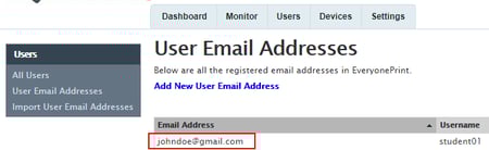 EveryonePrint User Management Interface Displaying Registered Email Addresses
