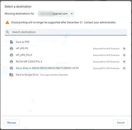 Print Destination Selection Screen with EveryonePrint HCP Extension Options