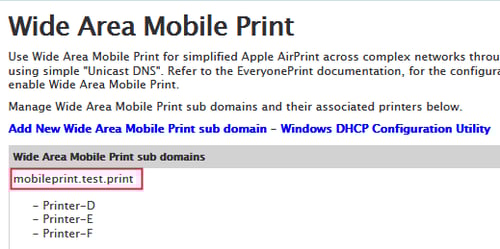 Web Interface Showing Wide Area Mobile Print Subdomain Configuration