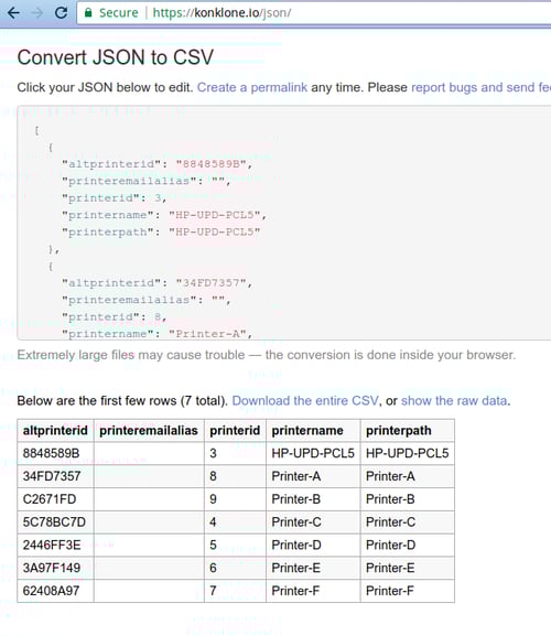 Webpage Displaying JSON to CSV Conversion for Printer Data